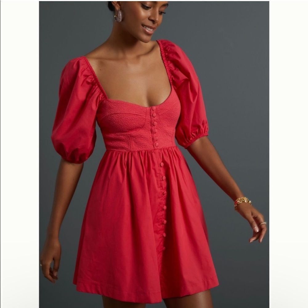 NEW Maeve Anthropologie Puff-Sleeved Sweetheart Mini Dress Red Size XS